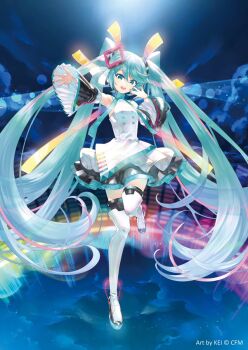 1girl :d aqua_eyes aqua_hair artist_name black_sleeves boots commentary company_name copyright_notice detached_sleeves dress english_commentary full_body hair_between_eyes hair_ornament hatsune_miku hatsune_miku_expo highres kei_(keigarou) long_hair long_sleeves multicolored_hair official_art open_mouth pink_hair second-party_source smile solo streaked_hair teeth thigh_boots tongue twintails upper_teeth_only very_long_hair vocaloid white_boots white_dress