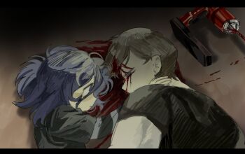 1boy 1girl angel_martinez black_shirt blood blood_on_face blood_on_ground blood_splatter brown_hair clinical_trial_(game) dying ears highres holding_neck lee_smith long_sleeves looking_at_another looking_up power_drill purple_hair shirt shirt_under_sweater striped_clothes striped_shirt