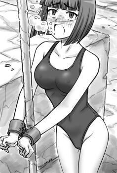 1girl absurdres air_bubble asphyxiation blush breasts bubble collarbone covered_erect_nipples cuffed dated drowning greyscale highres looking_up medium_breasts monochrome one-piece_swimsuit open_mouth original pole saver_(artbysaver) short_hair swimsuit underwater wrist_cuffs