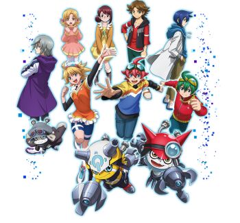 Rule 34 | blue eyes, digimon, digimon universe: appli monsters, fang, goggles, goggles on head, hat, helmet, horns, itsuki (digimon), kazuki (digimon), makoto (appmon), mio (digimon), naoto (digimon), official art, offmon, onmon, ouji (digimon), shinkai haru, smile, yellow eyes, yukari (digimon)