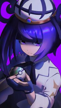 1girl b0qwaiavz2as7kp bob_cut closed_mouth coat gloves gwynn_(pokemon) hat highres holding holding_poke_ball long_sleeves looking_at_viewer mega_stone nest_ball nintendo partially_fingerless_gloves poke_ball pokemon pokemon_legends:_z-a purple_background purple_eyes purple_hair short_hair solo upper_body white_coat