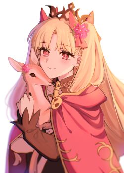 1girl absurdres baby_animal black_dress black_nails blonde_hair blush bow brown_fur cloak deer dress earrings ereshkigal_(fate) fate/grand_order fate_(series) fawn flower hair_bow hair_flower hair_ornament hair_ribbon highres jewelry long_hair looking_at_viewer red_cloak red_eyes red_ribbon ribbon skull skull_ornament smile spine tiara two_side_up very_long_hair zhu_li