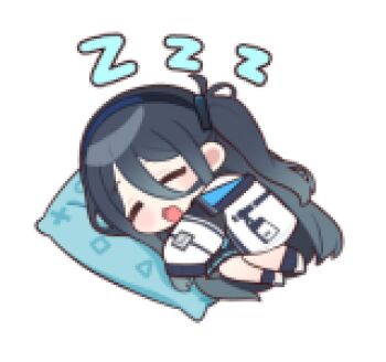 1girl animated animated_png aris_(blue_archive) black_hair blue_archive chibi chibi_only closed_eyes full_body halo jacket line_sticker_available lowres non-repeating_animation non-web_source official_art open_mouth pillow simple_background sleeping smile solo transparent_background white_jacket zzz