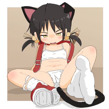 1girl anal_beads anal_tail animal_ears backpack bag black_hair butt_plug cat_ears fake_tail hair_bobbles hair_ornament jaggy_lines kaai_yuki loli navel nuelogical panties randoseru sex_toy shoes socks solo tail twintails underwear vocaloid white_panties white_socks yellow_eyes
