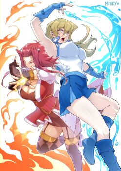 blonde_hair blue_gloves blue_skirt breasts choker cleavage corset dress duel_academy_uniform_(yu-gi-oh!_gx) duel_disk elbow_gloves fingerless_gloves gloves highres izayoi_aki jewelry large_breasts long_hair looking_at_viewer mibry_(phrysm) multiple_girls necklace open_mouth red_choker red_corset red_hair short_hair short_hair_with_long_locks simple_background skirt sleeveless sleeveless_jacket spiked_hair straight_hair tenjouin_asuka thighhighs white_background yellow_eyes yu-gi-oh! yu-gi-oh!_5d&#039;s yu-gi-oh!_gx