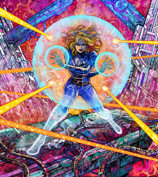 1girl abstract_background blonde_hair blue_bodysuit blue_eyes bodysuit colorful_background crossed_arms dynamic_pose energy_barrier energy_beam fantastic_four glint highres lipstick makeup marvel marvel_snap multicolored_bodysuit official_art partially_invisible red_lips science_fiction shiny_skin short_hair sky skyline solo solo_focus sparkle star_(sky) starry_sky sue_storm superhero_costume two-tone_bodysuit vinartwork western_comics_(style)