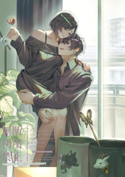 Rule 34 | 1boy, 1girl, :o, baby animal, bare shoulders, bell, black hair, black shirt, blue pants, blush, carrying, carrying person, carrying under arm, collarbone, commission, couple, cup, dog, eye contact, face-to-face, feet, green eyes, highres, holding, lamb, legs, light blush, long sleeves, looking at another, medicine bottle, mege (megechan), mistletoe, mug, open mouth, original, pants, pill, plant, purple eyes, sheep, shirt, short hair, skeb commission, table, teeth, tongue, upper teeth only, window