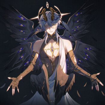 1boy ancient_greek_clothes artist_name bare_shoulders black_background black_gloves black_shirt black_wings brown_horns cleavage_cutout clothing_cutout commentary cross demon_horns elbow_gloves english_commentary extra_eyes eyes_on_wings facial_mark feathered_wings fingerless_gloves fingernails gloves gold_trim greco-roman_clothes grey_hair hair_between_eyes halo halo_behind_head head_wings highres himation honkai:_star_rail honkai_(series) horns long_fingernails looking_at_viewer male_focus medium_hair moonya multiple_wings outstretched_arms parted_lips pectorals piercing sharp_fingernails shirt signature sleeveless sleeveless_shirt smile solo sunday_(honkai:_star_rail) too_many_eyes torn_clothes torn_gloves wing_piercing wings yellow_eyes