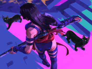 1girl ass black_hair breasts curvy earrings elaim halter_leotard halterneck highleg highleg_leotard highres holding holding_sword holding_weapon hoop_earrings huge_ass jewelry leotard long_hair marvel marvel_rivals psylocke psylocke_(vengeance) purple_leotard red_sash revealing_clothes sash shiny_skin solo superhero_costume sword waist_sash weapon wide_hips x-men