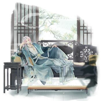 1boy :| alternate_costume aqua_coat architecture barefoot blue_robe chinese_clothes closed_mouth coat couch daxiushan day east_asian_architecture floral_print flower flower_necklace flower_ornament footstool full_body gradient_hair green_eyes hanfu head_rest highres incense_burner indoors jewelry long_hair long_sleeves longjing_shrimp_(the_tale_of_food) looking_at_viewer lying male_focus multicolored_hair necklace official_art on_couch on_side open_clothes open_coat pants parted_bangs pink_hair plunging_neckline reclining robe sash see-through_clothes shirt simple_background smoke table tassel tassel_necklace the_tale_of_food tree v-shaped_eyebrows wei_qing_jun white_background white_flower white_hair white_sash white_shirt wide_sleeves window