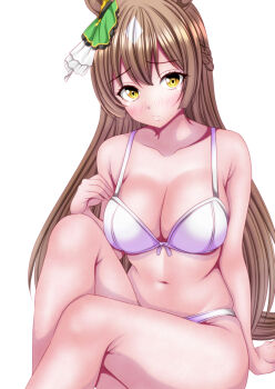 1girl absurdres alternate_costume animal_ears bikini bow breasts brown_hair cleavage collarbone commentary_request ear_ribbon green_ribbon hagesan3345 highres horse_ears horse_girl horse_tail long_hair looking_at_viewer ribbon satono_diamond_(umamusume) simple_background sitting solo swimsuit tail umamusume white_background white_bikini