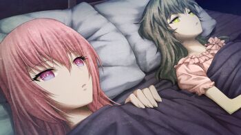 2girls akiha_rumiho amane_suzuha bed bed_sheet brown_hair collar fingernails frilled_collar frilled_pajamas frills game_cg hair_down head_on_pillow highres huke lips long_hair looking_up multiple_girls narrowed_eyes no_animal_ears no_headwear non-web_source official_art on_bed open_mouth pajamas pillow pink_eyes pink_hair pink_pajamas puffy_short_sleeves puffy_sleeves ringed_eyes science_adventure shared_bed shared_blanket shiny_lips short_sleeves square_pupils steins;gate steins;gate:_linear_bounded_phenogram tongue tsurime under_covers yellow_eyes