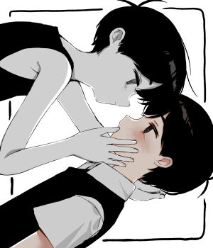 2boys absurdres antenna_hair black_sweater_vest black_tank_top blush closed_mouth collared_shirt colored_skin dual_persona hand_on_another&#039;s_cheek hand_on_another&#039;s_face hato_popo_37 highres looking_at_another male_focus multiple_boys omori omori_(omori) shirt short_hair short_sleeves sunny_(omori) sweater_vest tank_top tearing_up white_shirt white_skin