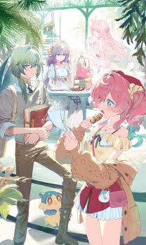 1boy 3girls absurdres alternate_costume anaxa_(honkai:_star_rail) aqua_eyes aqua_hair blue_eyes castorice_(honkai:_star_rail) chimera_(honkai:_star_rail) closed_mouth commentary_request cookie cyrene_(honkai:_star_rail) cyrene_(ripples_of_past_reverie)_(honkai:_star_rail) dohyo123123 dress drill_hair flower food hair_between_eyes hair_ornament hat highres honkai:_star_rail honkai_(series) hyacine_(honkai:_star_rail) long_hair looking_at_viewer medium_hair multicolored_hair multiple_girls open_mouth pink_hair pointy_ears purple_eyes purple_hair shirt smile table twintails very_long_hair