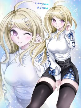 1girl ;) absurdres ahoge akamatsu_kaede alternate_costume black_skirt black_thighhighs blush breasts closed_mouth danganronpa_(series) danganronpa_v3:_killing_harmony fortissimo hair_ornament highres large_breasts long_hair moon_(moon0771110) multiple_views musical_note musical_note_hair_ornament one_eye_closed pink_eyes plaid_clothes plaid_skirt skirt smile sweater sweater_tucked_in thighhighs white_sweater