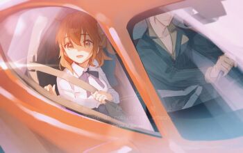 Rule 34 | 1boy, 1girl, ahoge, artoria pendragon (fate), car, cosplay, driving, fate/grand order, fate (series), fomnant, formal clothes, fujimaru ritsuka (female), fujimaru ritsuka (female) (anniversary blonde), highres, long sleeves, medium hair, motor vehicle, one side up, orange eyes, orange hair, pinstripe jacket, pinstripe pattern, pinstripe suit, saber (fate), saber (fate) (cosplay), scrunchie, shirt, side ponytail, smile, suit, takeda shingen (fate), takeda shingen (first ascension) (fate), yellow scrunchie