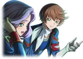 1boy 1girl anna_clement brown_hair code_geass code_geass:_boukoku_no_akito code_geass:_lost_stories f4samurai game_cg green_eyes long_hair looking_at_viewer male_focus military_uniform naruse_yukiya necktie official_art open_mouth purple_hair short_hair smile teeth