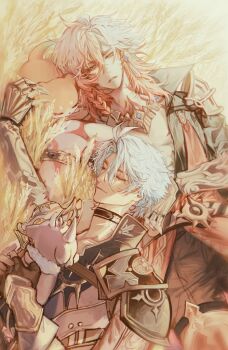 Rule 34 | 2boys, antenna hair, arm tattoo, armlet, armor, black choker, black coat, black gloves, black pants, black shirt, blonde hair, braid, chest tattoo, chimera (honkai: star rail), choker, clawed gauntlets, closed eyes, coat, commentary request, creature, earrings, facial tattoo, fingerless gloves, gloves, gold earrings, gold necklace, gradient hair, holding, holding creature, honkai: star rail, honkai (series), jewelry, korean commentary, leg armor, lying, male focus, medium hair, multicolored hair, multiple boys, mydei (fig stew) (honkai: star rail), mydei (honkai: star rail), neck tattoo, necklace, on back, open clothes, open coat, pants, parted bangs, pauldrons, phainon (honkai: star rail), phainon (vigethos) (honkai: star rail), red hair, red tattoo, shirt, short hair, shoulder armor, side braid, single pauldron, sleeping, sleeping on person, sun symbol, sun tattoo, tan, tattoo, wheat field, white coat, white hair, yellow eyes, yv0947