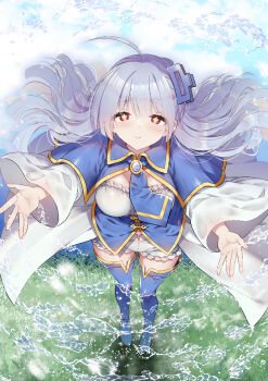 1girl ahoge blue_boots blue_necktie boots breasts brooch closed_mouth cloud grass grey_hair hair_ornament hano_haruka highres jewelry long_hair mahou_wa_isekai_ni_oitekimashita_tensai_madoushi_datta_imouto_no_yowakute_new_game mikan_(mahou_wa_isekai_ni_oitekimashita_tensai_madoushi_datta_imouto_no_yowakute_new_game) necktie purple_eyes sky smile solo symbol-shaped_pupils thigh_boots water wide_sleeves