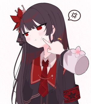 2girls :t anger_vein annoyed armband black_hair blunt_bangs closed_mouth collared_shirt commentary_request flower hair_flower hair_ornament highres long_hair long_sleeves looking_to_the_side mahou_shoujo_no_majo_saiban multiple_girls necktie nekotsumuri nikaido_hiro out_of_frame pout pov pov_hands red_armband red_eyes red_flower red_necktie sakuraba_ema shirt simple_background solo_focus spoken_anger_vein upper_body white_background