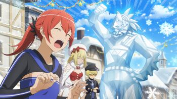 1boy 2girls aiz_wallenstein anime_coloring bandeau beret black_hat black_shrug black_vest blonde_hair blue_bandeau blue_sky bow breasts buttons capelet christmas cleavage closed_eyes closed_mouth crop_top danmachi_battle_chronicle dungeon_ni_deai_wo_motomeru_no_wa_machigatteiru_darou_ka finn_deimne flat_chest fur-trimmed_capelet fur_trim game_cg glasses half-timbered hat hat_bow hat_ornament highres house ice_sculpture loki_(danmachi) long_hair medium_breasts multiple_girls newsboy_cap non-web_source official_alternate_costume official_art open_mouth pablo_picasso_(style) ponytail red_bow red_hair short_hair shrug_(clothing) sidelocks skirt sky snow snowflake_hat_ornament snowflakes snowing star_(symbol) sweatdrop vest white_capelet white_hat white_skirt