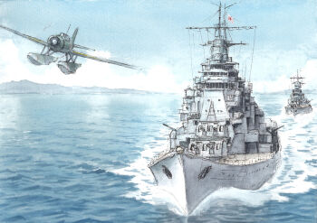 Rule 34 | aichi e13a, aircraft, airplane, atelier bono, blue sky, choukai (cruiser), commentary request, floatplane, highres, imperial japanese navy, military, military vehicle, no humans, ocean, original, painting (medium), revision, rising sun flag, sailing, seaplane, ship, ship turret, sky, smokestack, sunburst, traditional media, vehicle focus, warship, watercolor (medium), watercraft, waves