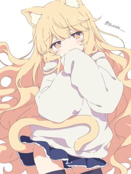 Rule 34 | 1girl, animal ears, black thighhighs, blonde hair, blue skirt, cat ears, cat girl, cat tail, covering own mouth, female focus, frilled skirt, frills, highres, hood, hood down, hoodie, lil (lil xyzw), long hair, long sleeves, looking at viewer, miniskirt, original, skirt, sleeves past fingers, sleeves past wrists, tail, thighhighs, very long hair, webp-to-png conversion, white hoodie