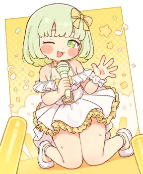 1girl ;d bare_shoulders blush_stickers bow bow_choker character_request choker commentary_request dress dress_bow frilled_dress frills full_body glowstick green_eyes green_hair hair_bow holding holding_microphone idol kneeling looking_at_viewer medium_hair microphone one_eye_closed onyhakase open_hand open_mouth scrunchie shoes sleeveless sleeveless_dress smile solo sweat trickcal white_dress white_scrunchie white_shoes wrist_scrunchie yellow_bow yellow_choker