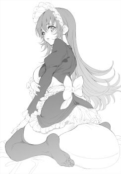1girl absurdres apron ass blush bow breasts commentary_request dress feet frilled_skirt frilled_sleeves frills from_behind full_body greyscale hair_between_eyes highres holding_own_arm juliet_sleeves kneeling kyokucho large_breasts long_hair long_sleeves looking_at_viewer looking_to_the_side maid maid_apron maid_headdress monochrome no_shoes open_mouth original puffy_sleeves simple_background sitting sitting_on_pillow skirt solo thighhighs very_long_hair wariza white_background