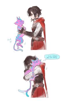 Rule 34 | 1girl, absurdres, animal, animal ears, black corset, black gloves, black hair, blue tongue, cat, cat ears, cat tail, cloak, colored tongue, commentary, corset, curious cat (rwby), english commentary, english text, fingerless gloves, gloves, highres, hiru315, holding, holding animal, hood, hood down, hooded cloak, hug, purple fur, red cloak, red skirt, ruby rose, rwby, short hair, skirt, tail, tongue, tongue out