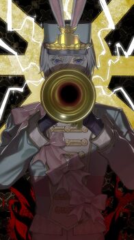 1boy absurdres animal_ears animal_hat black_gloves blue_eyes blue_hat blue_jacket bow buttons character_request copyright_request covered_mouth double-breasted electricity fake_animal_ears gloves grey_hair hair_between_eyes hands_up hat highres holding holding_instrument holding_trumpet instrument jacket long_sleeves looking_at_viewer male_focus mau_sakura music pink_bow pink_sash playing_instrument purple_eyes rabbit_ears rabbit_hat sash short_hair shoulder_sash solo sparkle trumpet upper_body white_hair