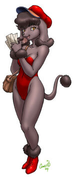 animal_ears bag cameltoe costume dark dr_comet furry hat highres letter orange_eyes poodle shoes simple_background