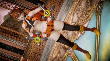 1girl 3d absurdres animal_ears antenna_hair armpits artist_request ass bare_shoulders black_thighhighs blazblue boots breasts brown_eyes brown_hair female_focus fingerless_gloves gloves hands_on_own_hips highleg highleg_panties highres knee_boots large_breasts makoto_nanaya microskirt midriff navel orange_skirt panties short_hair skirt solo squirrel_ears squirrel_tail standing tail thighhighs thong underboob underwear weapon