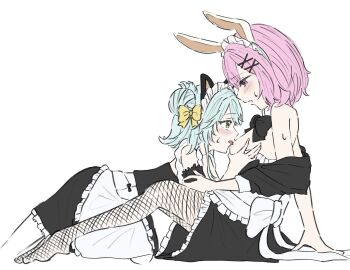 2girls 3yp5g amaori_renako animal_ear_hairband animal_ears apron black_dress black_pantyhose blue_hair blush bow breasts cat_ear_hairband cat_ears clothes_pull commentary dress dress_pull fake_animal_ears fishnet_pantyhose fishnets grabbing_another&#039;s_breast green_eyes groping hair_bow hair_bun hairband hashtag-only_commentary highres koyanagi_kaho licking licking_nipple maid_apron medium_breasts medium_hair multiple_girls nipple_stimulation open_mouth pantyhose pink_hair purple_eyes rabbit_ear_hairband rabbit_ears simple_background single_side_bun sweat watashi_ga_koibito_ni_nareru_wake_naijan_murimuri! white_apron white_background yellow_bow yuri