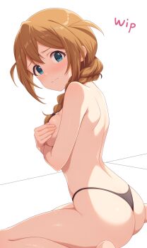 1girl ass baba_konomi back baji_toufuu_(bajitohfu) black_panties blue_eyes blush braid braided_ponytail breasts brown_hair closed_mouth commentary_request covering_breasts covering_privates hair_over_shoulder highres idolmaster idolmaster_million_live! looking_at_viewer medium_breasts panties shade sideboob sitting solo thighs thong topless_female two_side_up underwear underwear_only unfinished