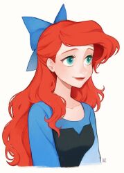 Rule 34 | 1girl, aqua eyes, ariel (disney), black dress, blue bow, blue shirt, bow, breasts, closed mouth, disney, dress, hair bow, hair over shoulder, half updo, long hair, looking to the side, medium breasts, portrait, red hair, red lips, shirt, shirt under dress, signature, smile, solo, strapless, strapless dress, swept bangs, the little mermaid, upper body, wavy hair, white background, yokotn