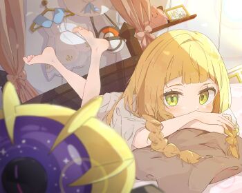 1girl absurdres bag barefoot bedroom blonde_hair blunt_bangs braid clefairy cosmog curtains dress family_portrait gen_1_pokemon gen_7_pokemon green_eyes hat highres legendary_pokemon lillie_(pokemon) lying nintendo on_bed on_stomach picture_frame pillow poke_ball_theme pokemon pokemon_(creature) pokemon_sm pokeseru solo stuffed_toy the_pose toes twin_braids unworn_bag unworn_dress unworn_hat unworn_headwear white_dress