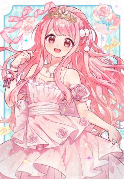 Rule 34 | 1girl, argyle background, back bow, bare shoulders, bead bracelet, beads, blue background, border, bow, bracelet, breasts, brown eyes, chinese commentary, cleavage, commentary request, commission, cowboy shot, detached sleeves, dot nose, dress, dress flower, eyelashes, flower, gold tiara, gown, hair beads, hair ornament, hand in pocket, happy, highres, jewelry, light blush, long dress, long hair, long sidelocks, mao jiang, miracle nikki, necklace, nikki (nikki), nikki (series), open mouth, outside border, pink bow, pink dress, pink flower, pink hair, pink rose, pink sleeves, pom pom (clothes), pom pom hair ornament, ponytail, rose, sample watermark, short sleeves, sidelocks, skirt hold, sleeveless, sleeveless dress, smile, solo, spaghetti strap, sparkle, sweet wish (miracle nikki), tareme, teeth, tiara, too many watermarks, upper teeth only, very long hair, watermark, wavy hair, white border, wrist bow