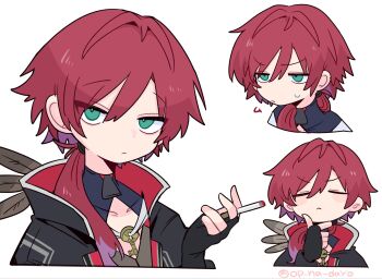 black_gloves black_jacket bored chibi cleavage_cutout clothing_cutout collarbone compression_shirt fingerless_gloves gloves green_eyes hashtag-only_commentary highres jacket jewelry key key_necklace lauren_iroas messy_hair multiple_views necklace nijisanji op_na_dayo red_hair short_hair smoking sweat thinking tsurime zipper