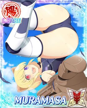 1girl :d android ass ass_focus blonde_hair blue_one-piece_swimsuit card_(medium) character_name doll_joints english_text flat_chest game_cg giant_fist heterochromia horns joints looking_at_viewer low_twintails mechanical_horns medium_hair midair muramasa_(senran_kagura) official_art one-piece_swimsuit open_mouth power_fist purple_eyes red_eyes senran_kagura senran_kagura_new_wave smile solo sweat swimsuit thighhighs twintails upside-down white_thighhighs