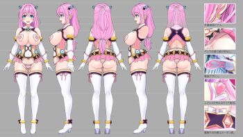 1girl aigan_tenshi_cheery_pink ass back bare_shoulders blue_background blue_eyes blush boots breasts center_opening reference_sheet cheery_pink cleavage cleavage_cutout clothing_cutout covered_navel dress elbow_gloves from_side frontal_wedgie full_body gloves gluteal_fold heart heart_panties heart_pasties heart_print high_heel_boots high_heels highres large_breasts legs_apart leotard long_hair looking_at_viewer micro_panties miniskirt nipple_chain nipple_cutout nipples open_mouth panties partially_visible_vulva pasties pink_hair pink_panties pink_ribbon pink_skirt pleated_skirt print_panties puffy_nipples ribbon see-through_pasties sideboob skindentation skirt sleeveless sleeveless_dress smile solo standing striped_clothes striped_panties thigh_boots thighhighs thong translation_request underwear upskirt v-mag variations wedgie white_gloves white_thighhighs