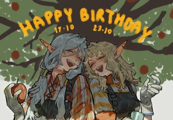 1boy 1girl :d ^_^ apple blonde_hair blush checkered_clothes checkered_shirt closed_eyes collared_shirt dated dungeon_meshi elf fleki food fruit gloves grey_hair hair_around_ear happy happy_birthday highres holding holding_food holding_fruit long_hair low_twintails lycion neck_tattoo notched_ear nova_1810 open_mouth pointy_ears shirt side-by-side smile tattoo tree twintails under_tree upper_body