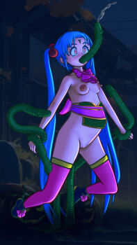 1girl 3d all_the_way_through blue_hair blush collar earrings facial_mark female_focus fingernails forehead_mark freckles full_body hair_bobbles hair_ornament highres jewelry kyoshourz large_areolae loli long_hair masaki_sasami_jurai nail_polish outdoors pink_eyes pink_nails pussy rape solo tenchi_muyou! tentacle_bondage tentacles thighhighs twintails very_long_hair