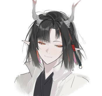 Rule 34 | 1girl, arknights, black hair, blunt ends, bob cut, chinese commentary, closed mouth, commentary request, cropped shoulders, curtained hair, dragon girl, dragon horns, earrings, eastern dragon horns, eyeliner, facing viewer, grey horns, hair tubes, highres, horns, jewelry, jie (arknights), joshua (shisanli934), light smile, looking down, looking to the side, makeup, multicolored hair, narrowed eyes, o-ring, orange eyes, pointy ears, popped collar, red eyeliner, red pupils, red streaks, short hair, side part, simple background, single hair tube, solo, streaked hair, two-tone hair, white background