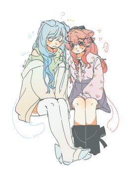 Rule 34 | ..., 2girls, :3, ?, animal ears, black boots, blue hair, blush, boots, cat ears, closed eyes, closed mouth, clothing cutout, collarbone, colored speech bubble, commentary, dog ears, drawn tail, floral print, floral print shirt, flying sweatdrops, frown, full body, green sweater, grey skirt, hair ornament, high-waist skirt, highres, hinomori shizuku, invisible chair, jacket, kemonomimi mode, long hair, miniskirt, mole, mole under mouth, momoi airi, multiple girls, notice lines, pink hair, pink shirt, pleated skirt, print shirt, project sekai, red eyes, shirt, shoulder cutout, simple background, sitting, skirt, speech bubble, spoken ellipsis, squeans, sweater, thighhighs, two side up, u u, white background, white jacket, white thighhighs, woodonly, x hair ornament, yuri