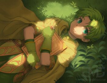 1boy blue_eyes book cape commentary english_commentary fingerless_gloves fire_emblem fire_emblem:_the_binding_blade fire_emblem_heroes gloves green_gloves green_hair green_shirt green_shorts holding holding_book looking_at_viewer lugh_(fire_emblem) lying male_focus nintendo on_back on_grass shirt shorts solo treijim watermark yellow_cape