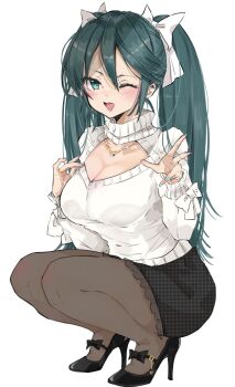 1girl alternate_costume black_pantyhose black_shoes blue_eyes blue_hair blush breasts chigasaki_yukari cleavage hair_ribbon high_heels highres isuzu_(kancolle) jewelry kantai_collection large_breasts long_hair looking_at_viewer necklace one_eye_closed open_mouth pantyhose ribbed_sweater ribbon shoes smile solo squatting sweater turtleneck turtleneck_sweater twintails white_sweater