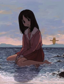 Rule 34 | 2girls, azumanga daioh's school uniform, azumanga daiou, barefoot, between legs, black hair, breasts, dot nose, full body, giant, giantess, hand between legs, hasu art, highres, in water, kasuga ayumu, light blush, long sleeves, looking down, medium hair, mihama chiyo, mihama chiyo's father, mountainous horizon, multiple girls, ocean, open mouth, outdoors, parted bangs, pink shirt, pleated skirt, red skirt, school uniform, serafuku, shirt, sitting, size difference, skirt, small breasts, solo focus, sunset, tareme, wariza, white swimsuit, winter uniform