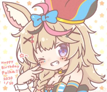 Rule 34 | 1girl, animal ear fluff, animal ears, bare shoulders, blue bow, blue nails, blush stickers, bow, breasts, cleavage, club hair ornament, commentary request, dated, diamond hair ornament, facial mark, fox ears, grin, hair bow, hair ornament, hairclip, hand up, happy birthday, hat, heart, heart hair ornament, highres, hololive, jester cap, medium breasts, mitarashi neko, multicolored nails, nail polish, omaru polka, omaru polka (1st costume), one eye closed, purple eyes, purple nails, smile, solo, spade hair ornament, star (symbol), tilted headwear, upper body, virtual youtuber, white background, x hair ornament