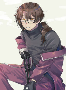 1boy alternate_costume bags_under_eyes black-framed_eyewear black-framed_glasses black_gloves black_sweater brown_hair cigarette eyes_visible_through_hair facial_hair feet_out_of_frame glasses gloves gregor_(project_moon) grin hair_between_eyes hair_over_shoulder half-closed_eyes jacket jitome joints kikkoinu limbus_company long_hair long_sleeves looking_at_viewer low_ponytail male_focus mechanical_arms off_shoulder open_clothes pants parted_bangs parted_lips ponytail project_moon prosthesis prosthetic_arm purple_jacket purple_pants sanpaku semi-rimless_eyewear simple_background single_mechanical_arm sitting smile smoke smoking solo stubble sweater teeth turtleneck turtleneck_sweater under-rim_eyewear v_arms white_background white_trim yellow_eyes
